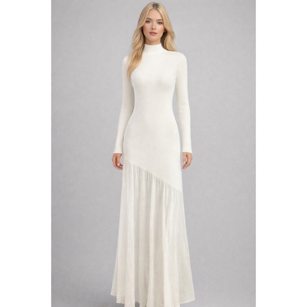 Commense Chic White Long Sleeve Maxi Dress with Asymmetrical Detail size S NWT
